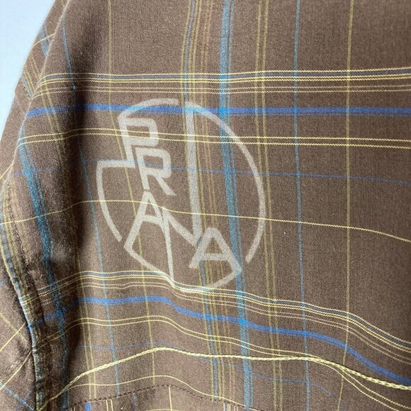 Prana Brown Blue Plaid Western Style Shirt Mens XL Chest Pockets Cotton Blend - Picture 3 of 10